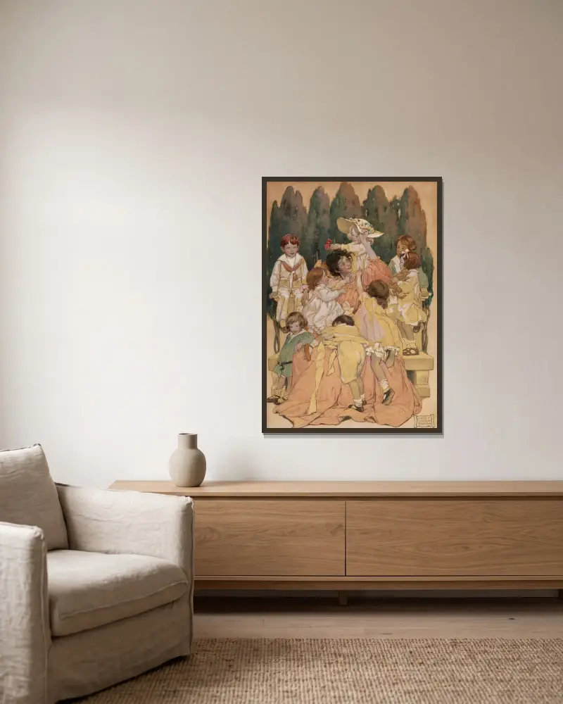 Ett barns trädgård med verser av Jessie Willcox Smith inramad på en vägg