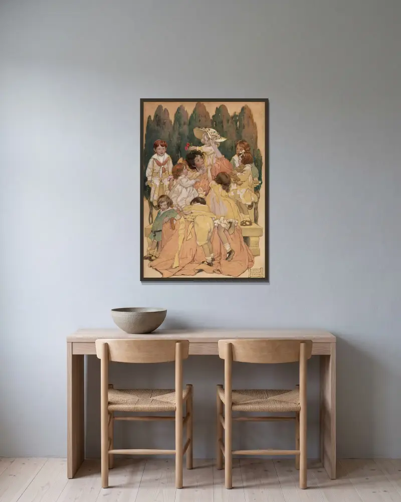 Ett barns trädgård med verser av Jessie Willcox Smith inramad på en vägg