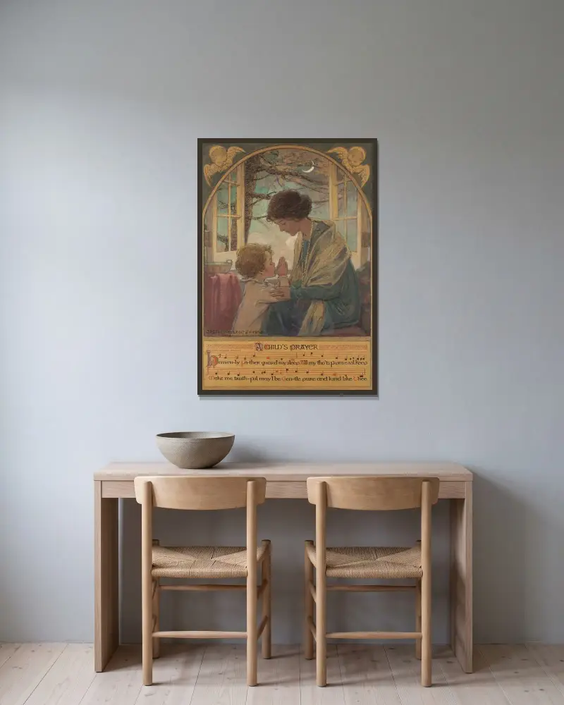 Ett barns bön av Jessie Willcox Smith inramad på en vägg