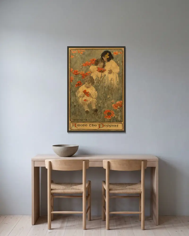 Bland vallmo, barnet i trädgården av Jessie Willcox Smith inramad på en vägg