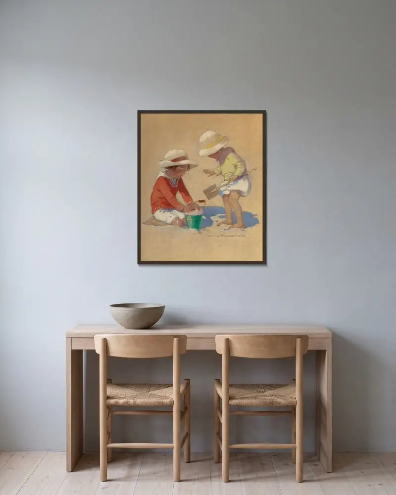 Bygger ett sandslott av Jessie Willcox Smith inramad på en vägg