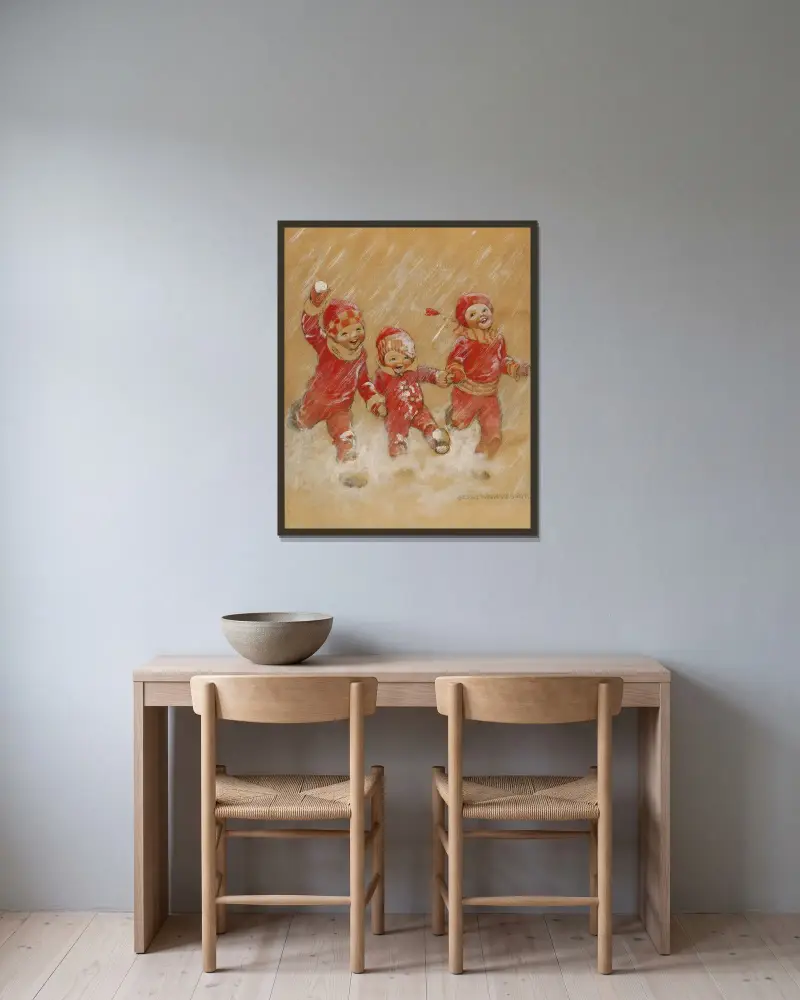 Barn som leker i snön av Jessie Willcox Smith inramad på en vägg