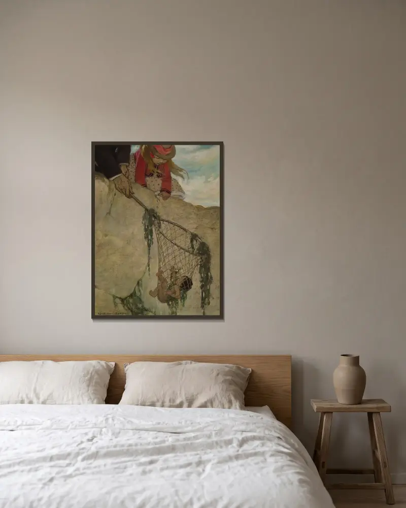 Han kände att nätet var mycket tungt av Jessie Willcox Smith inramad på en vägg