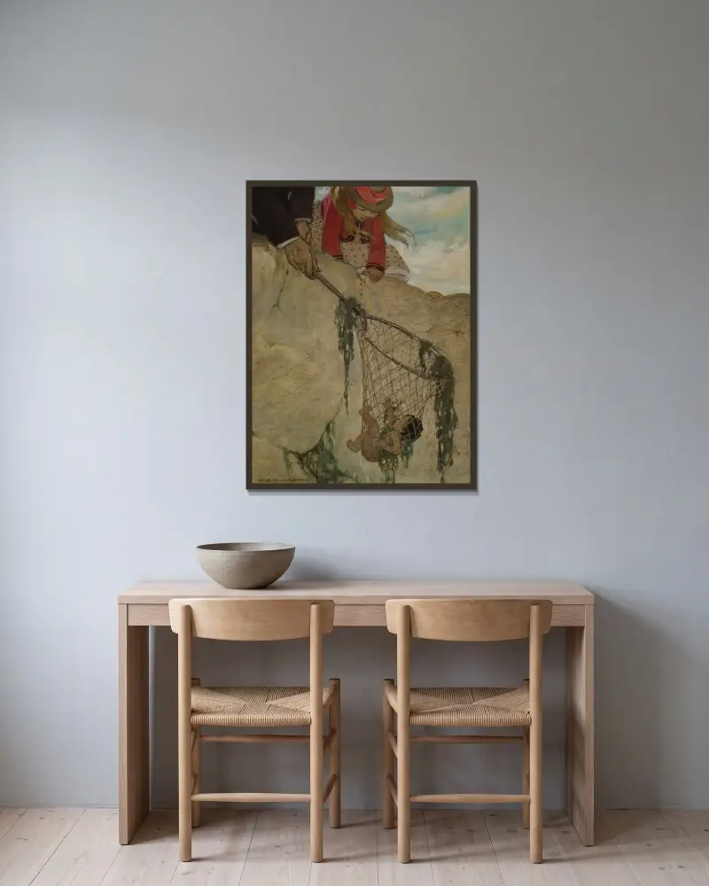Han kände att nätet var mycket tungt av Jessie Willcox Smith inramad på en vägg