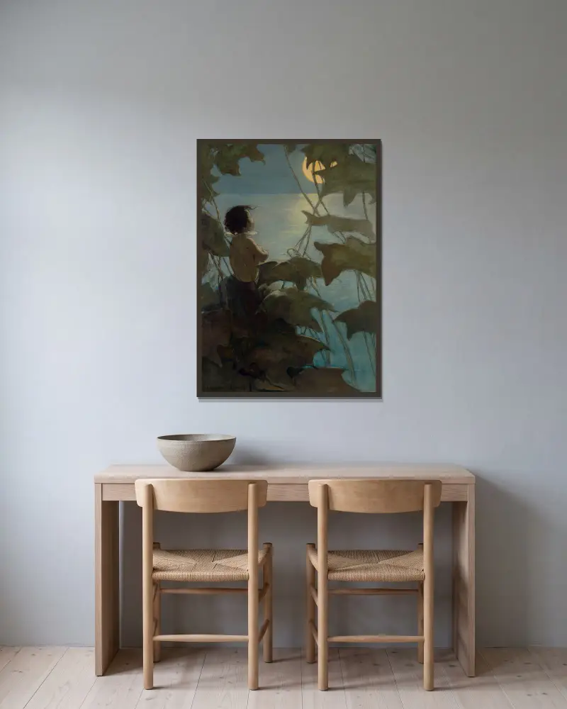 Han tittade upp mot den stora gula månen och tänkte att hon såg på honom av Jessie Willcox Smith inramad på en vägg