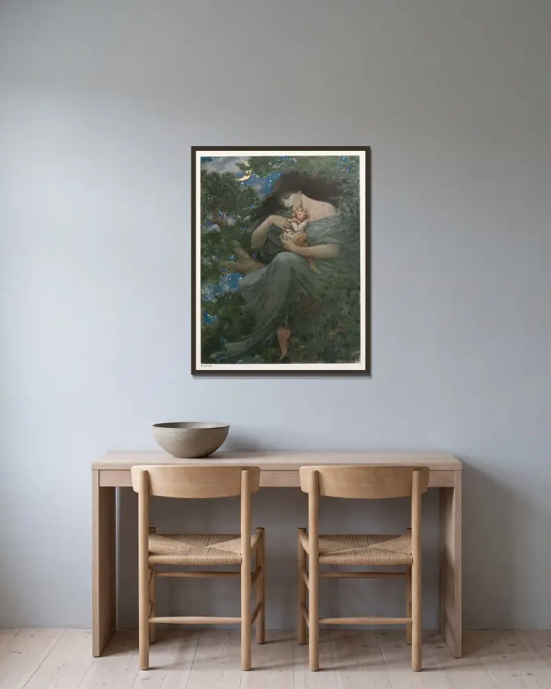 Uppe i den stora boken av Jessie Willcox Smith inramad på en vägg