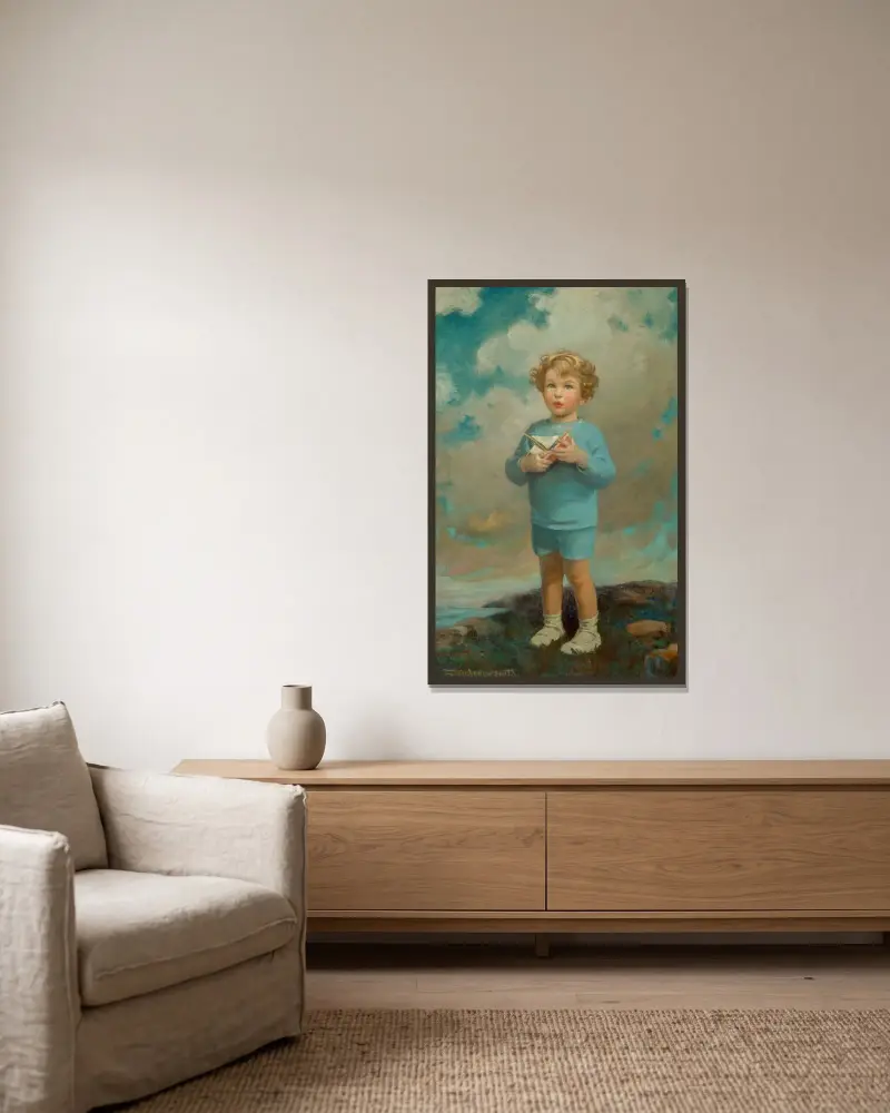 Porträtt av en pojke av Jessie Willcox Smith inramad på en vägg