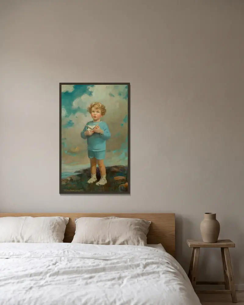 Porträtt av en pojke av Jessie Willcox Smith inramad på en vägg