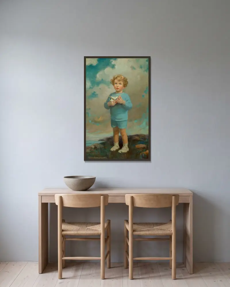 Porträtt av en pojke av Jessie Willcox Smith inramad på en vägg