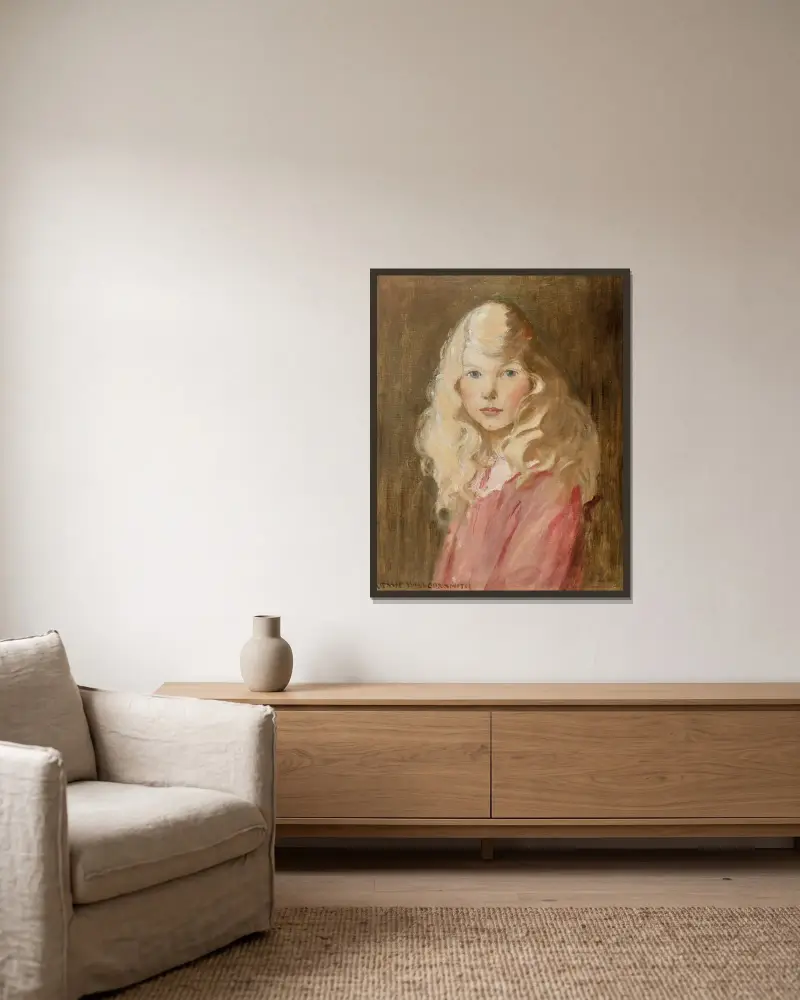 Porträtt av en flicka av Jessie Willcox Smith inramad på en vägg