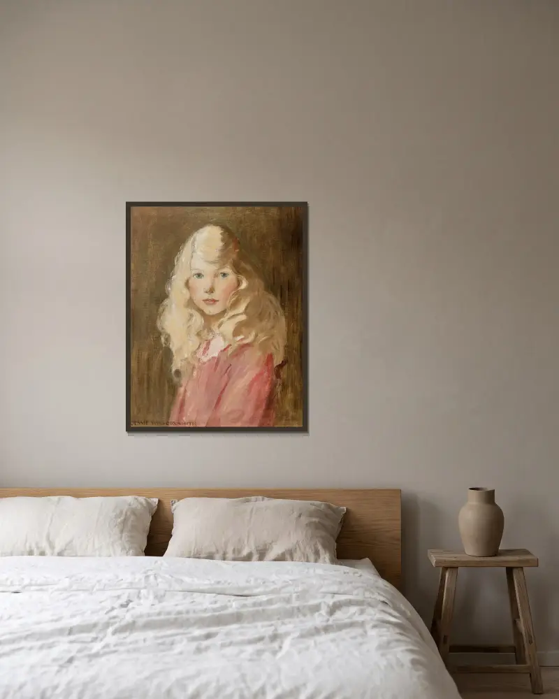 Porträtt av en flicka av Jessie Willcox Smith inramad på en vägg