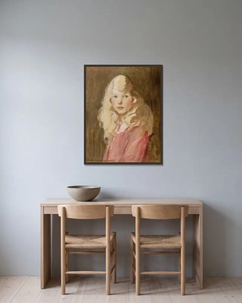 Porträtt av en flicka av Jessie Willcox Smith inramad på en vägg