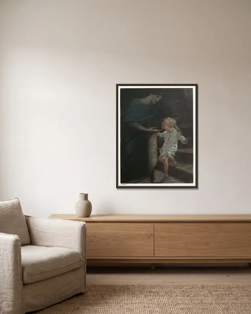 Sie nahm ihn an der Hand und ließ ihn den breiten Teil der Wendeltreppe hinabsteigen von Jessie Willcox Smith gerahmt an einer Wand