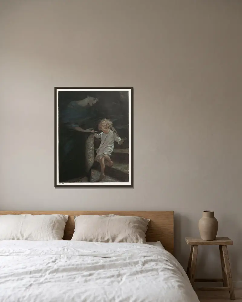 Sie nahm ihn an der Hand und ließ ihn den breiten Teil der Wendeltreppe hinabsteigen von Jessie Willcox Smith gerahmt an einer Wand
