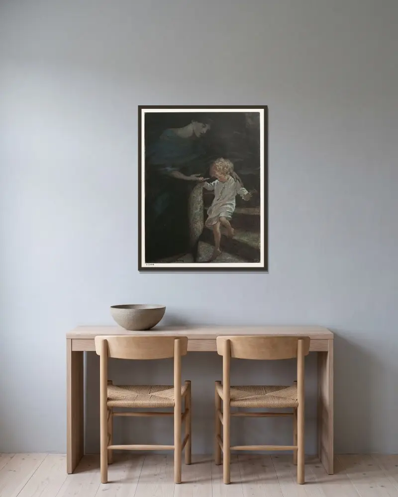 Sie nahm ihn an der Hand und ließ ihn den breiten Teil der Wendeltreppe hinabsteigen von Jessie Willcox Smith gerahmt an einer Wand