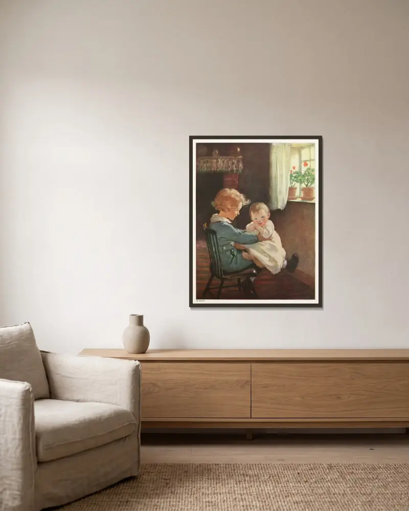 Da setzte sich Diamond wieder hin und nahm das Baby auf seinen Schoß von Jessie Willcox Smith gerahmt an einer Wand