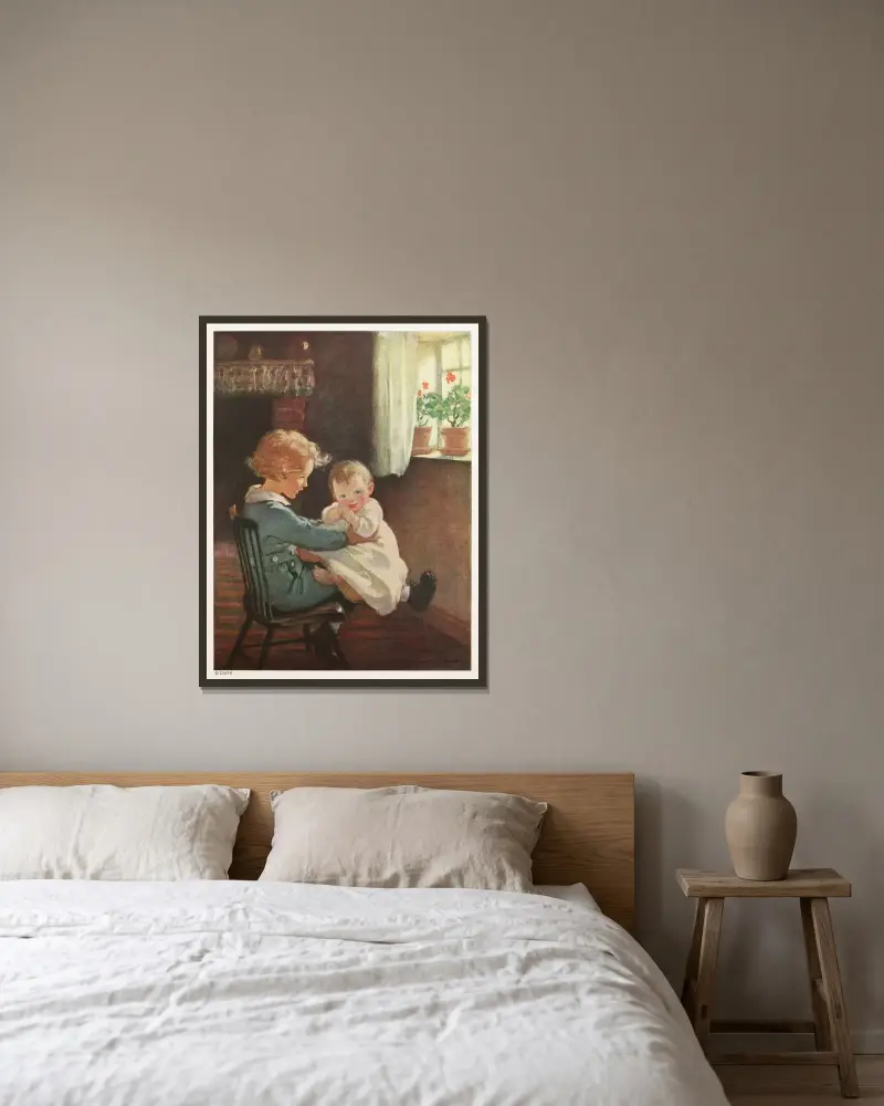 Da setzte sich Diamond wieder hin und nahm das Baby auf seinen Schoß von Jessie Willcox Smith gerahmt an einer Wand