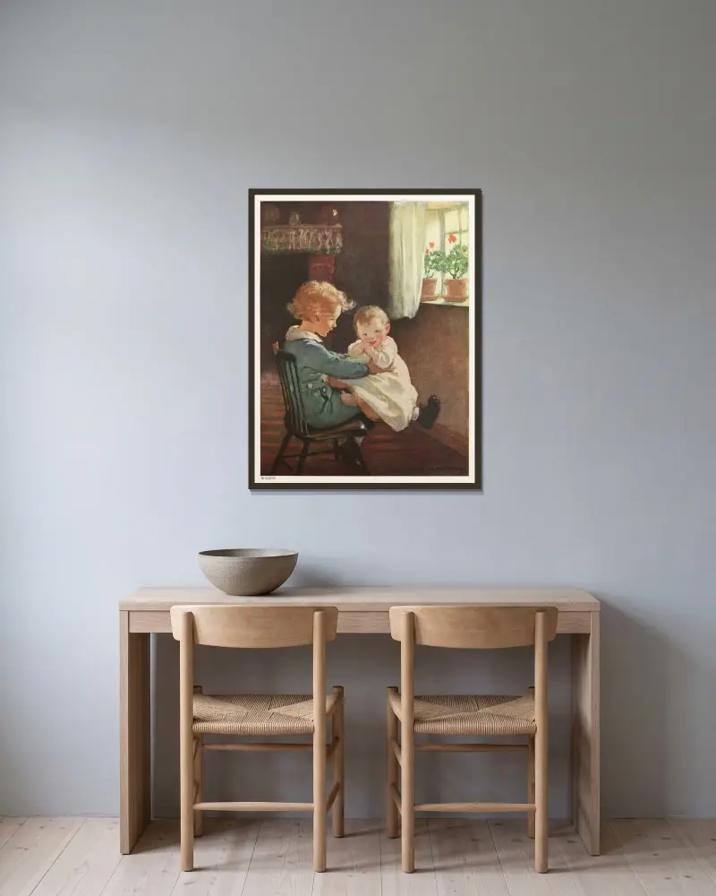 Da setzte sich Diamond wieder hin und nahm das Baby auf seinen Schoß von Jessie Willcox Smith gerahmt an einer Wand