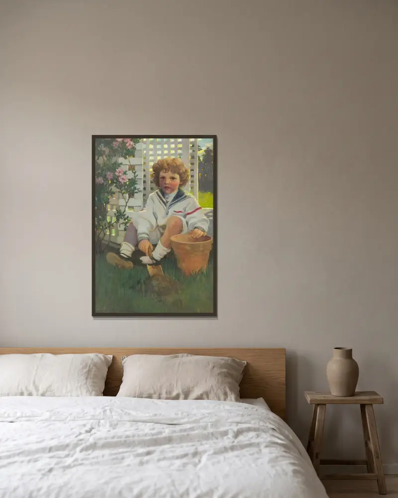Den lille trädgårdsmästaren (Porträtt av Edward Morris Davis III) av Jessie Willcox Smith inramad på en vägg