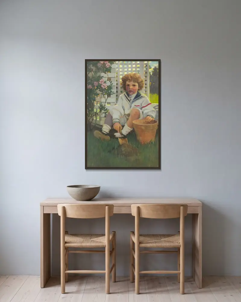 Den lille trädgårdsmästaren (Porträtt av Edward Morris Davis III) av Jessie Willcox Smith inramad på en vägg