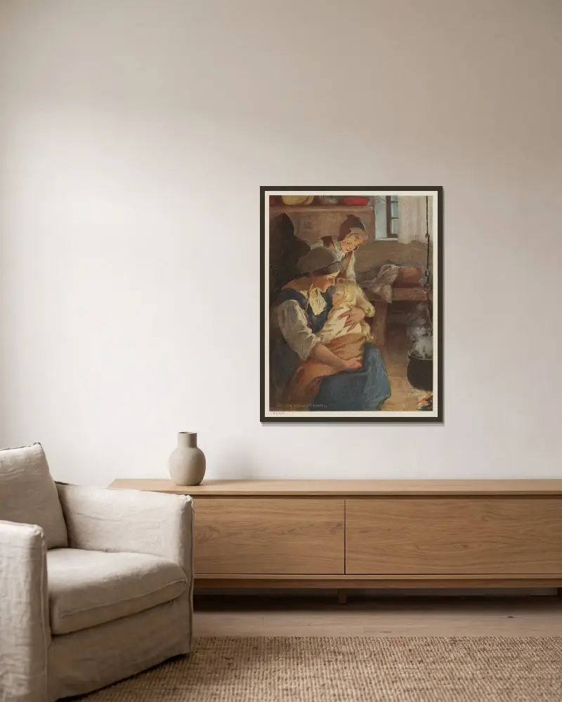 Där satt hans mor vid elden, och i hennes famn låg prinsessan i djup sömn av Jessie Willcox Smith inramad på en vägg