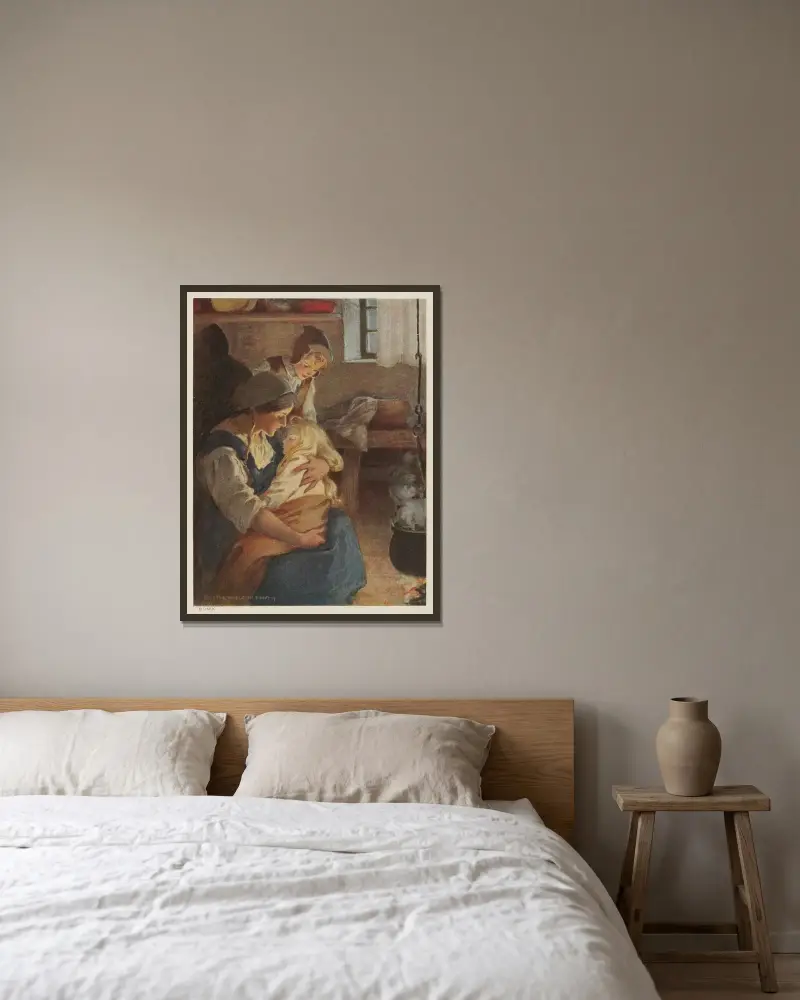 Där satt hans mor vid elden, och i hennes famn låg prinsessan i djup sömn av Jessie Willcox Smith inramad på en vägg