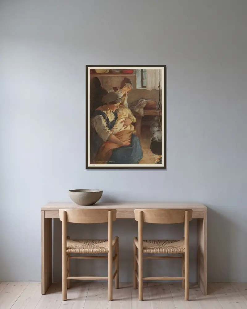 Där satt hans mor vid elden, och i hennes famn låg prinsessan i djup sömn av Jessie Willcox Smith inramad på en vägg