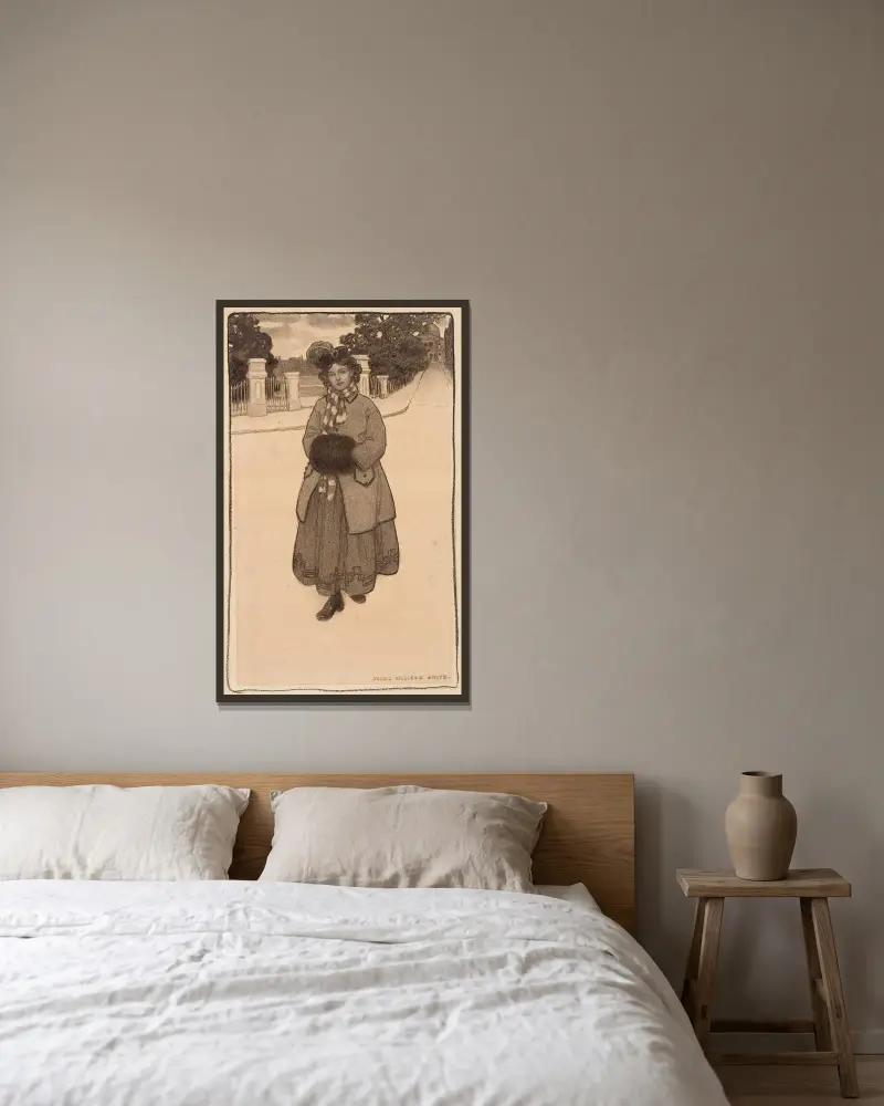 Ung flicka med muff av Jessie Willcox Smith inramad på en vägg