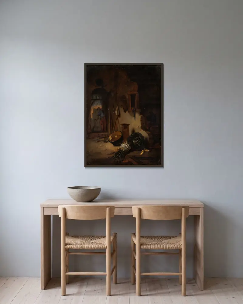 Kitchen Interior with Woman sweeping av Willem Kalf inramad på en vägg
