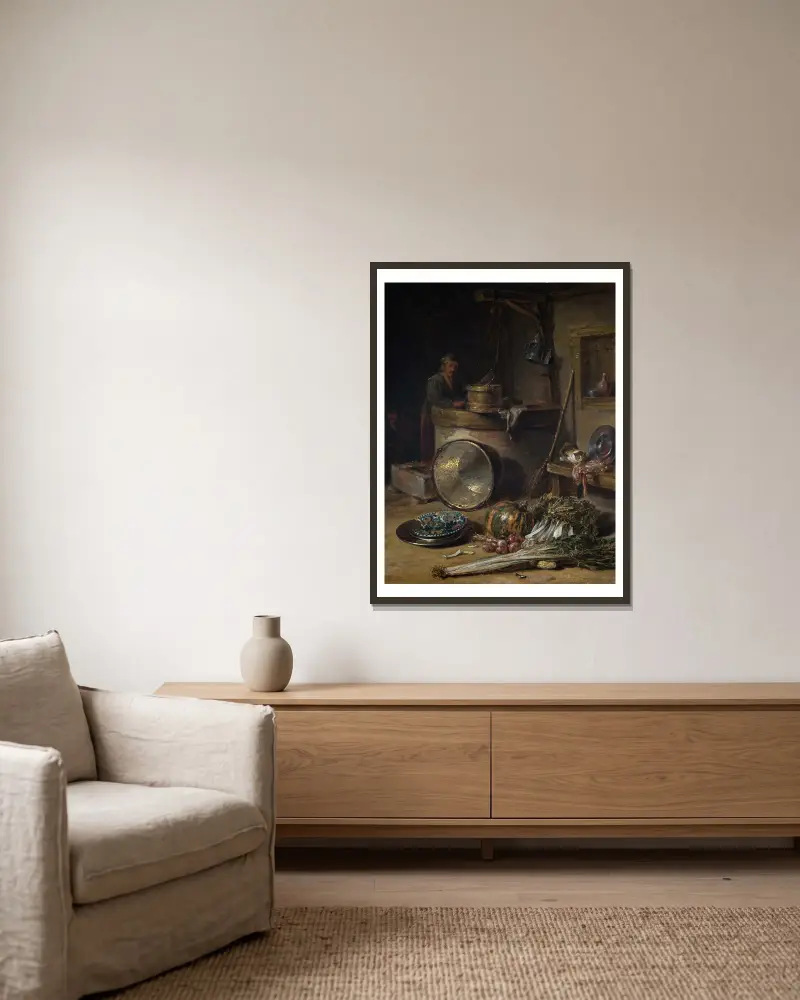 Peasant Interior with Woman at a Well av Willem Kalf inramad på en vägg