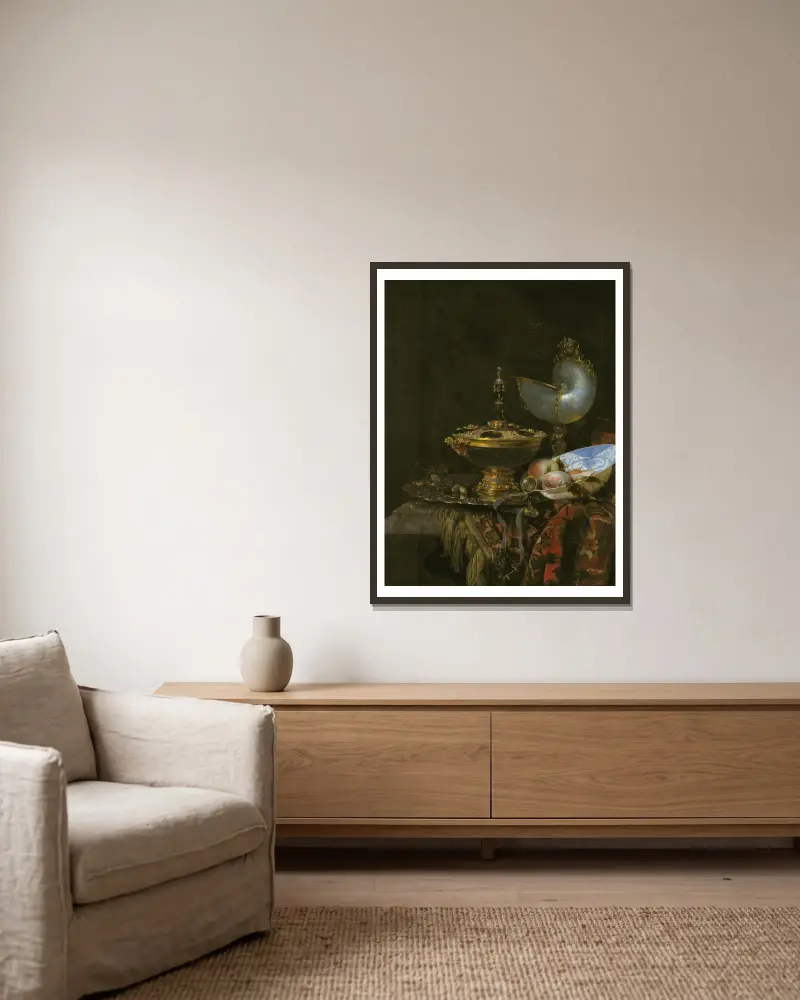 Pronk Still Life With Holbein Bowl, Nautilus Cup, Glass Goblet And Fruit Dish av Willem Kalf inramad på en vägg