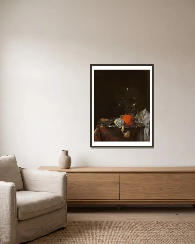 Still Life with Fruit and Wineglasses on a Silver Plate av Willem Kalf inramad på en vägg