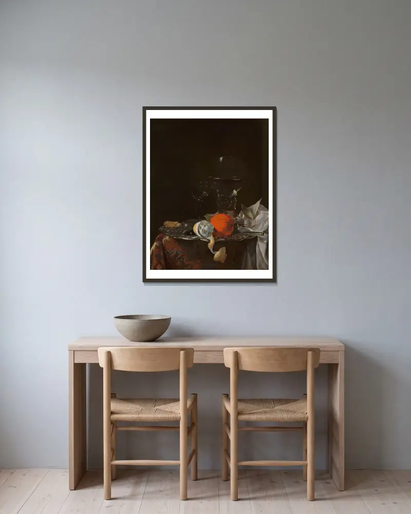Still Life with Fruit and Wineglasses on a Silver Plate av Willem Kalf inramad på en vägg