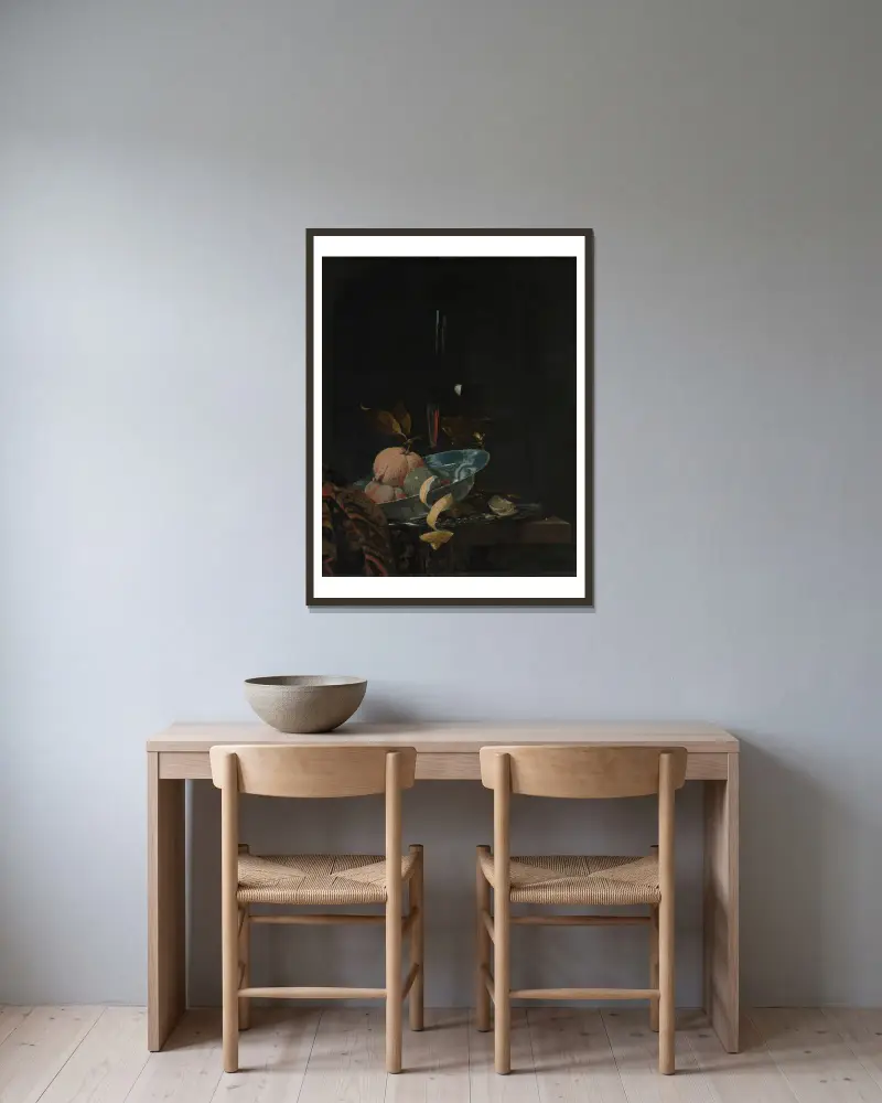Still Life with Fruit, Glassware, and a Wanli Bowl av Willem Kalf inramad på en vägg
