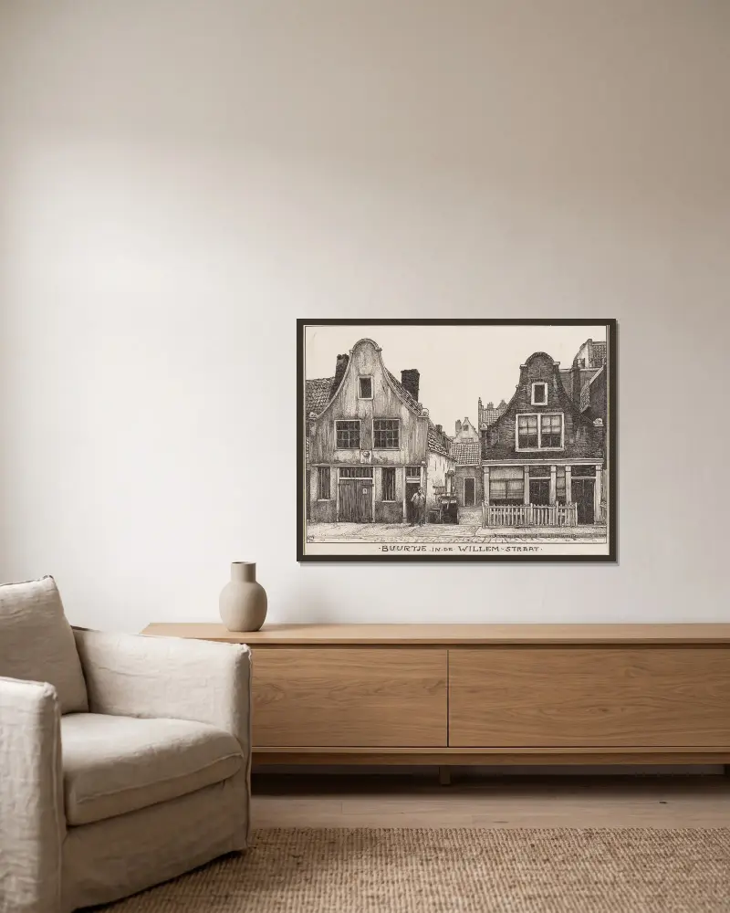 Buurtje in de Willemstraat te Amsterdam av Willem Wenckebach inramad på en vägg