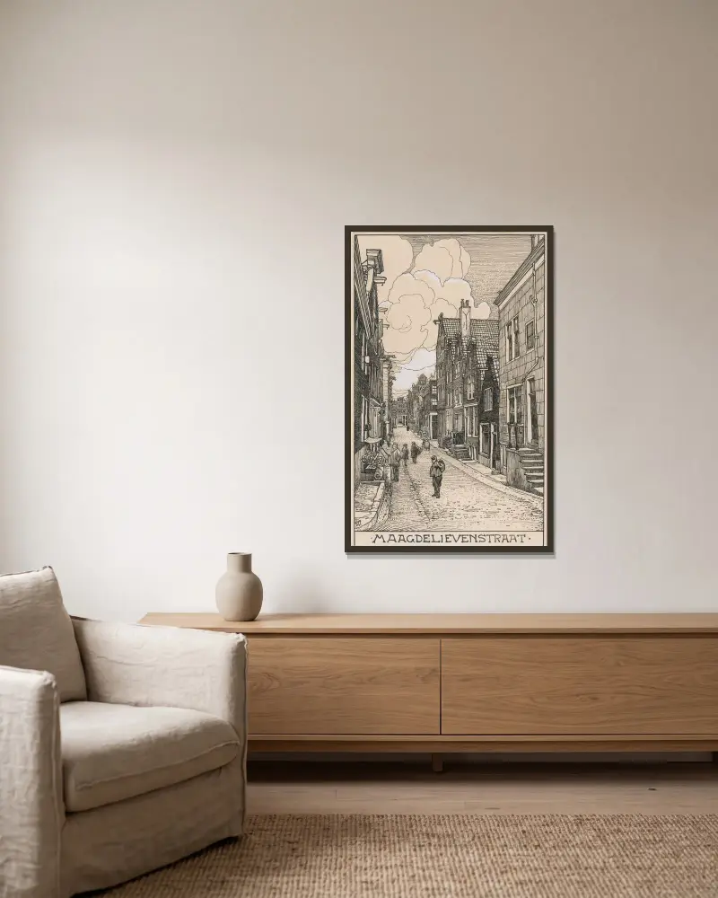 Die Maagdelievenstraat in Amsterdam von Willem Wenckebach gerahmt an einer Wand