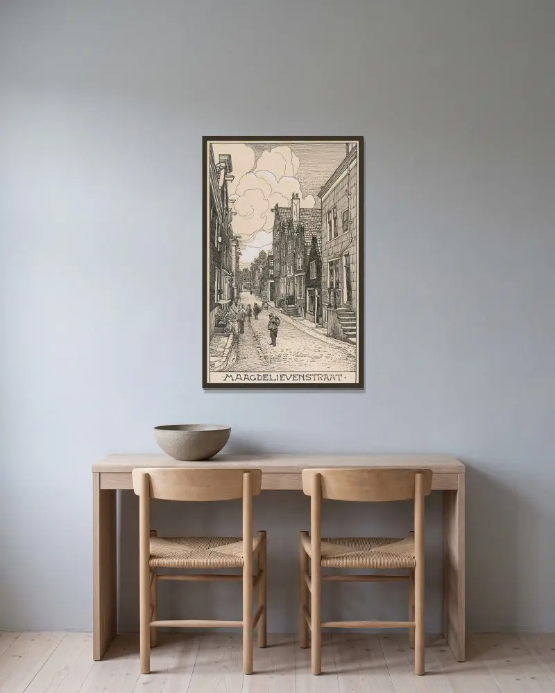 Die Maagdelievenstraat in Amsterdam von Willem Wenckebach gerahmt an einer Wand