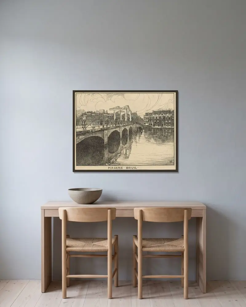 Die magere Brücke in Amsterdam von Willem Wenckebach gerahmt an einer Wand