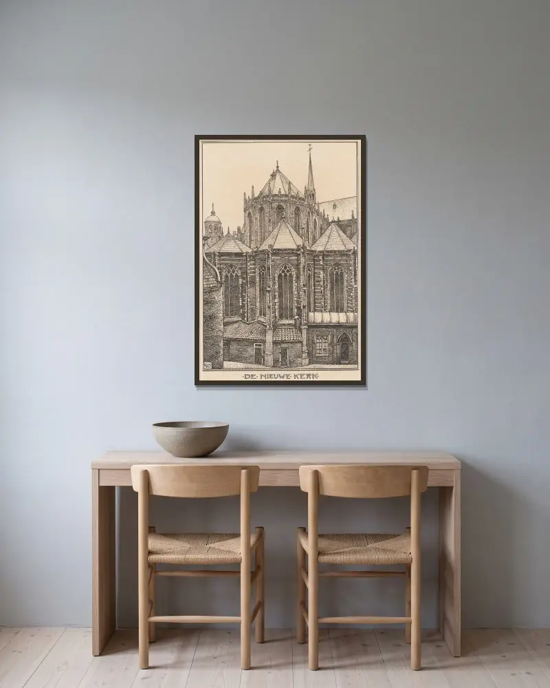 De Nieuwe Kerk i Amsterdam av Willem Wenckebach inramad på en vägg