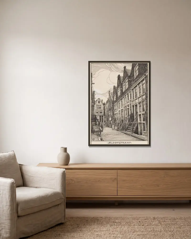 De Slootstraat i Amsterdam av Willem Wenckebach inramad på en vägg