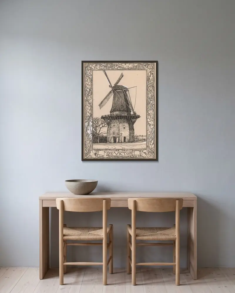 De Victor, molen te Amsterdam av Willem Wenckebach inramad på en vägg