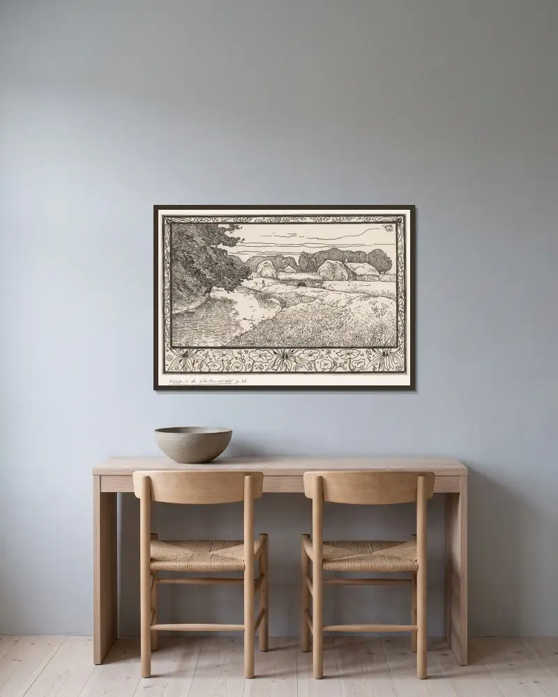 Gräsmark med vatten och bondgård av Willem Wenckebach inramad på en vägg