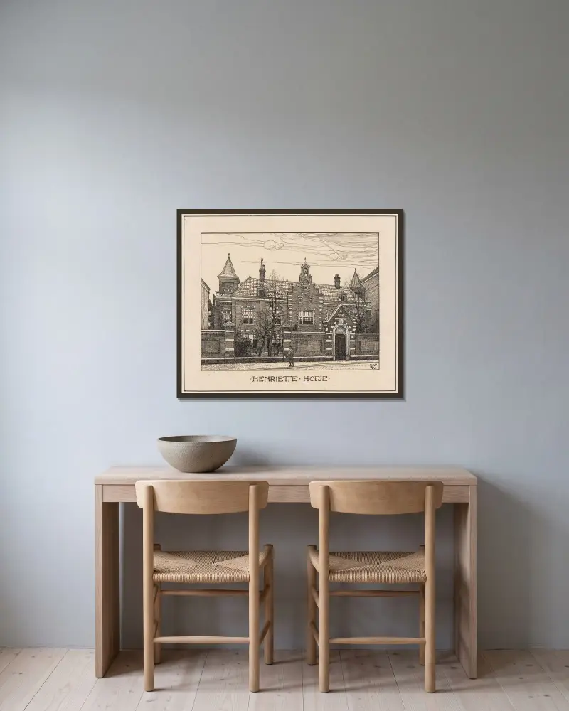 Henriette Hofjes gård vid Stadhouderskade i Amsterdam av Willem Wenckebach inramad på en vägg