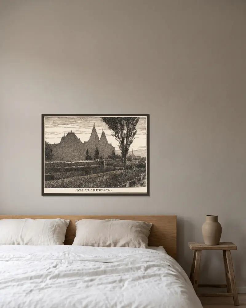 Het Rijksmuseum te Amsterdam, vanaf de Stadhouderskade gezien av Willem Wenckebach inramad på en vägg