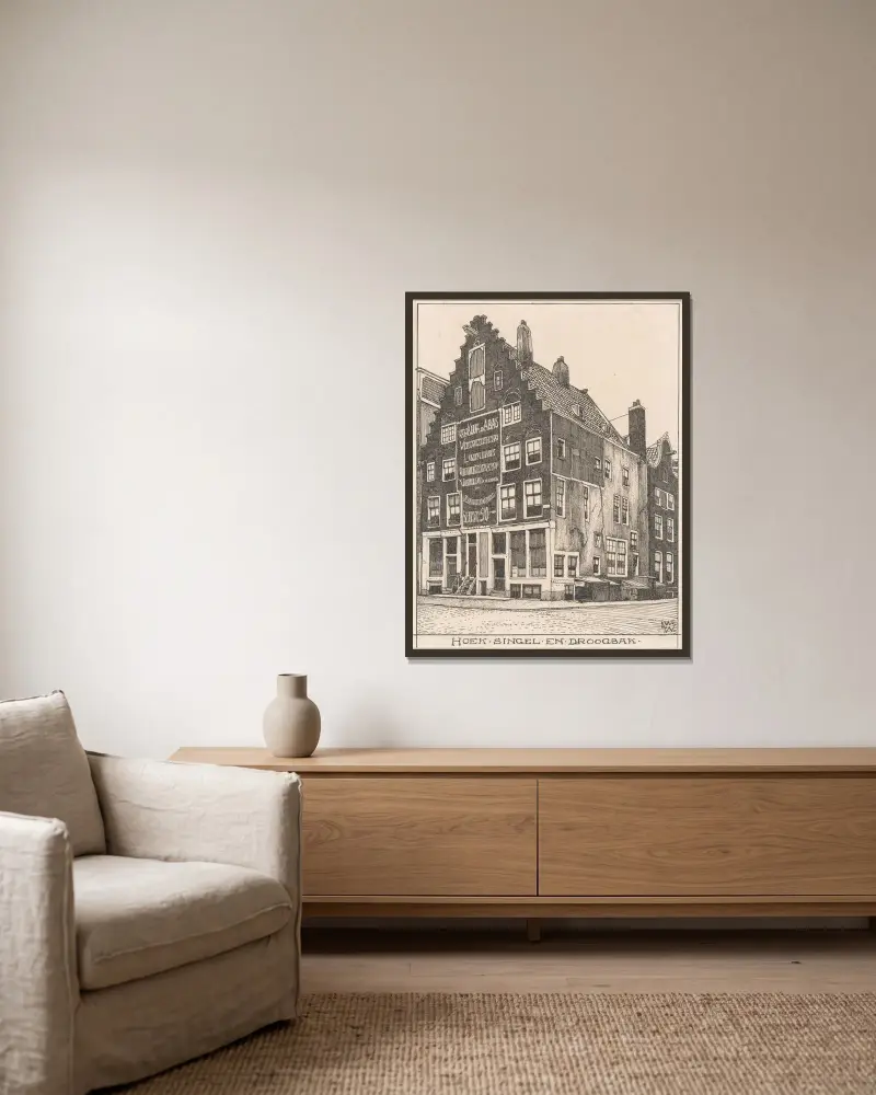 Det spanska huset på hörnet Singel och Droogbak i Amsterdam av Willem Wenckebach inramad på en vägg