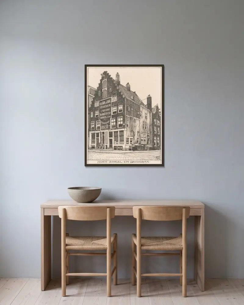 Det spanska huset på hörnet Singel och Droogbak i Amsterdam av Willem Wenckebach inramad på en vägg