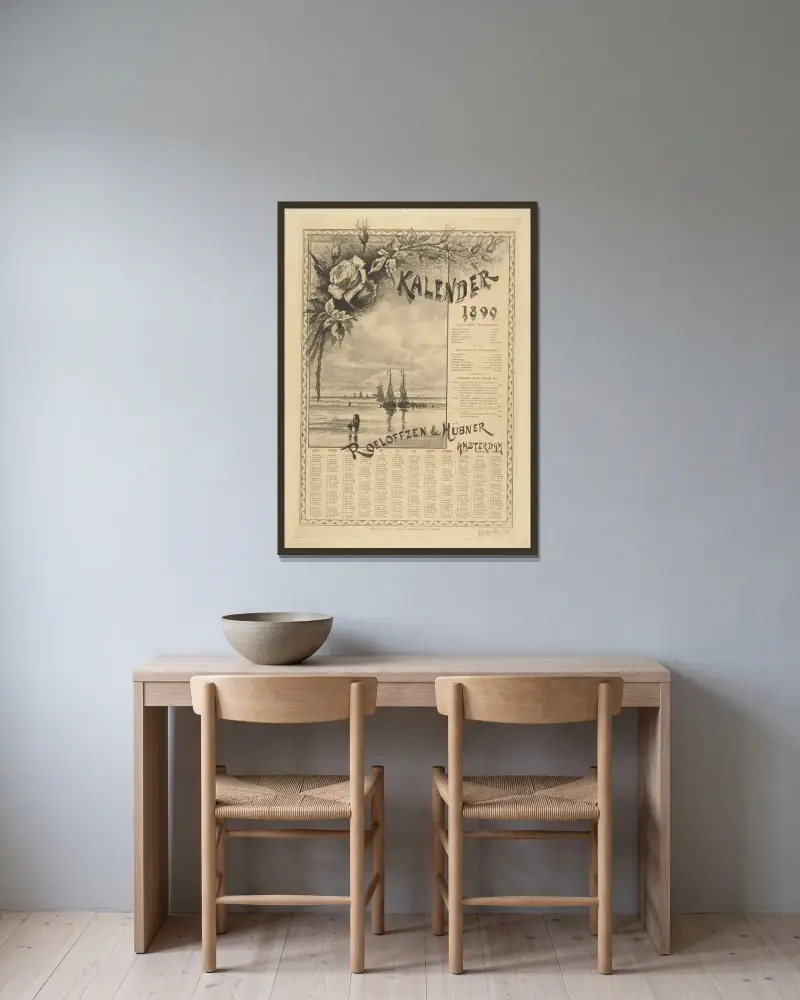 Kalenderblad för år 1890 av Willem Wenckebach inramad på en vägg
