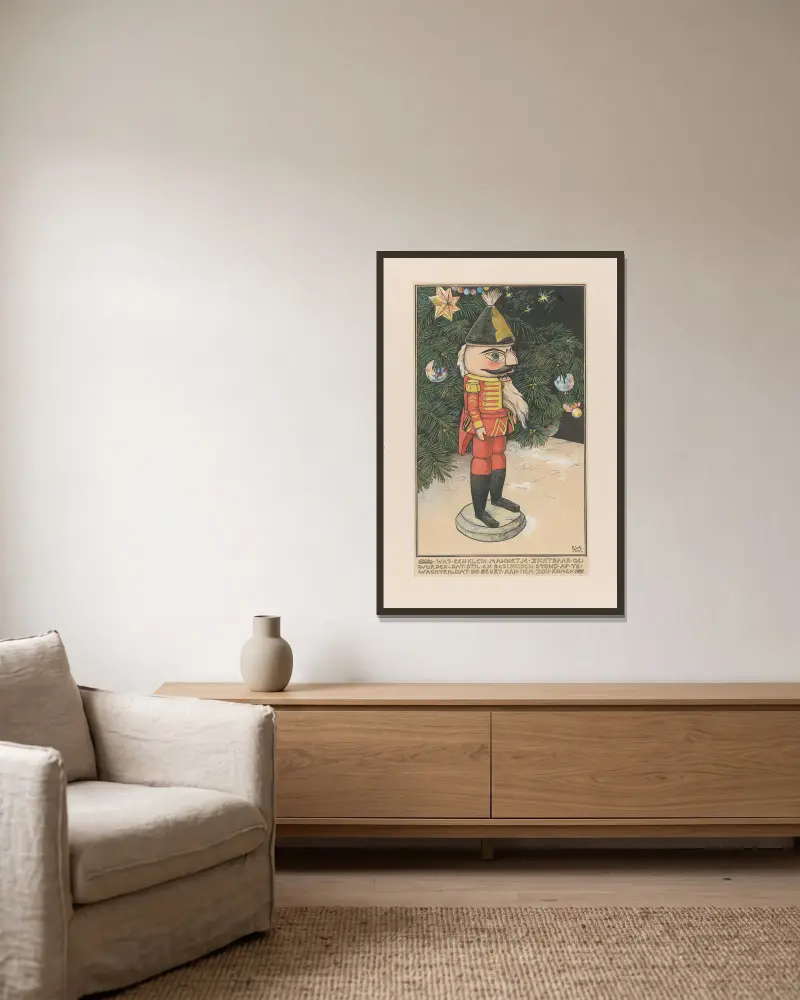 Notenkraker in een huzarenmantel bij een kerstboom av Willem Wenckebach inramad på en vägg