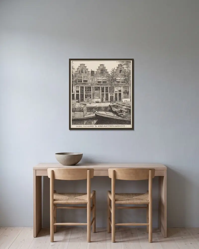 Alte Häuser am Egelantiersgracht in Amsterdam von Willem Wenckebach gerahmt an einer Wand