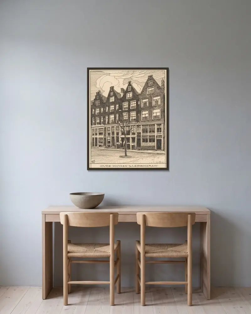 Gamla hus vid Leidscheplein i Amsterdam av Willem Wenckebach inramad på en vägg